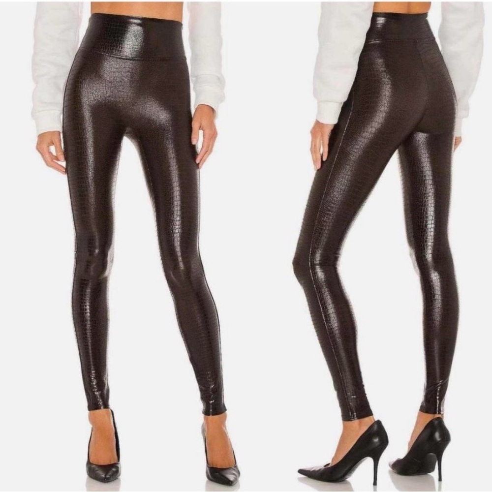 SPANX High-Waist Shiny Chocolate Brown Faux Leather Croc Leggings